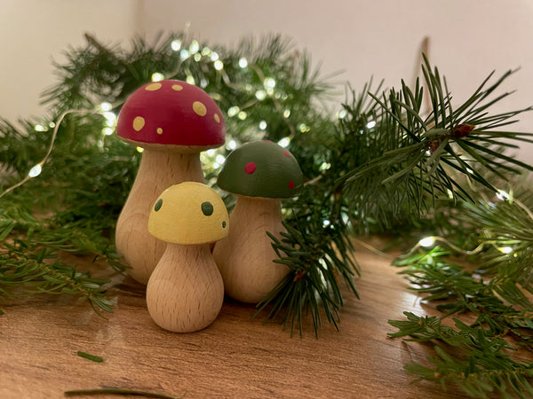 Trio of mini wooden toadstools, fungi ornament decor