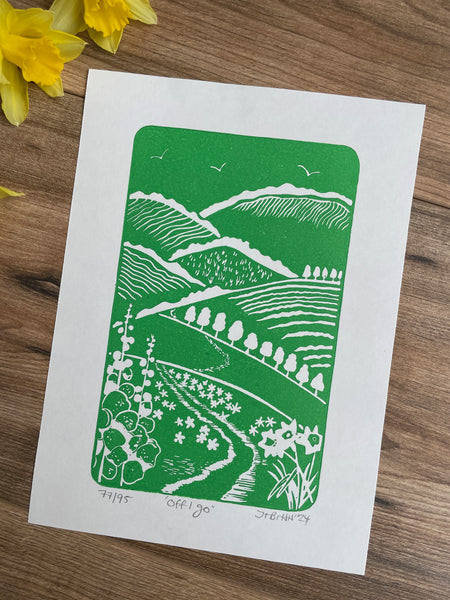 ‘Off i go’ spring hills hand printed Linocut art print