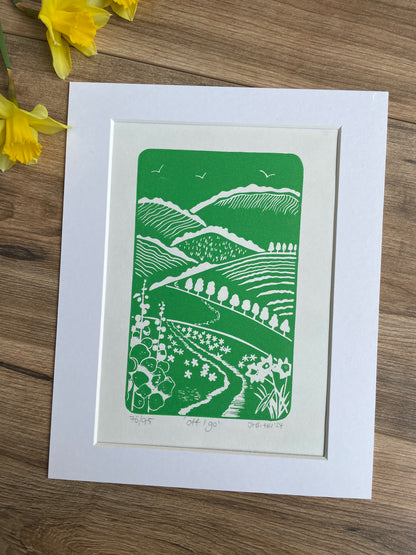 ‘Off i go’ spring hills hand printed Linocut art print