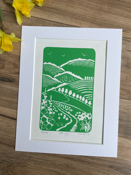 ‘Off i go’ spring hills hand printed Linocut art print