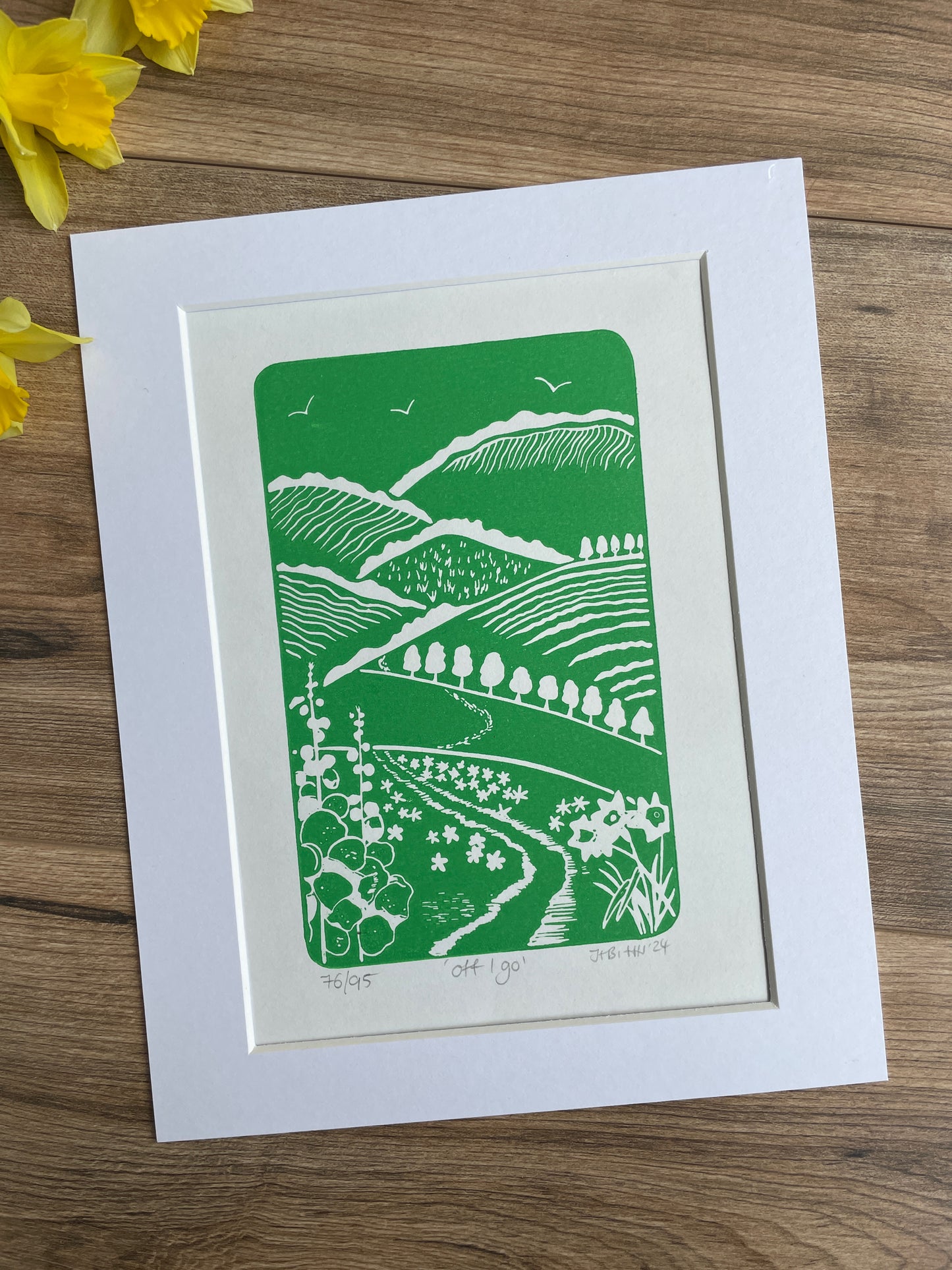 ‘Off i go’ spring hills hand printed Linocut art print