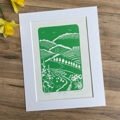 ‘Off i go’ spring hills hand printed Linocut art print