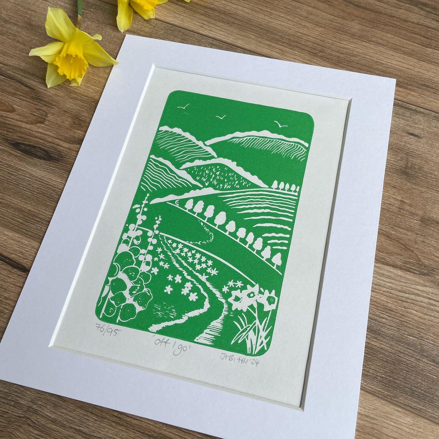 ‘Off i go’ spring hills hand printed Linocut art print