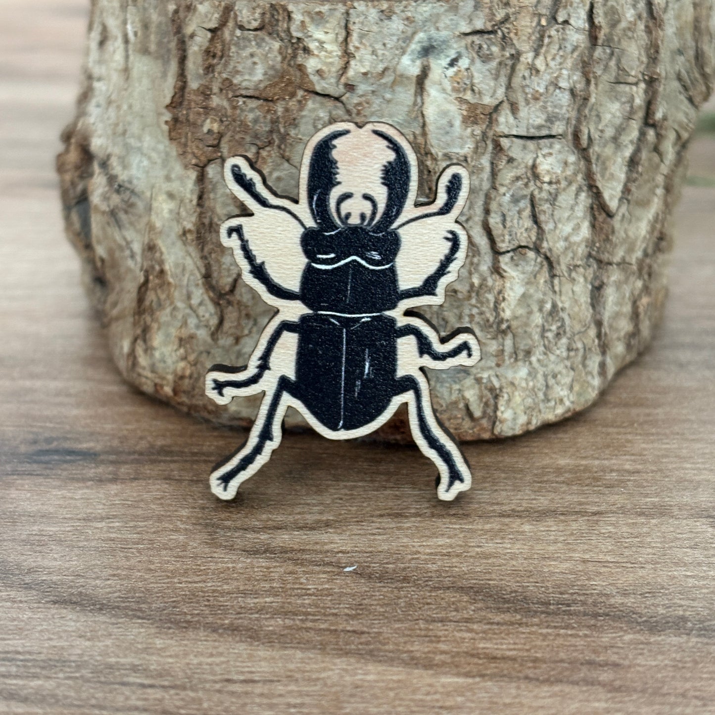 Stag Beetle Wooden Pin Badge - animal, nature brooch
