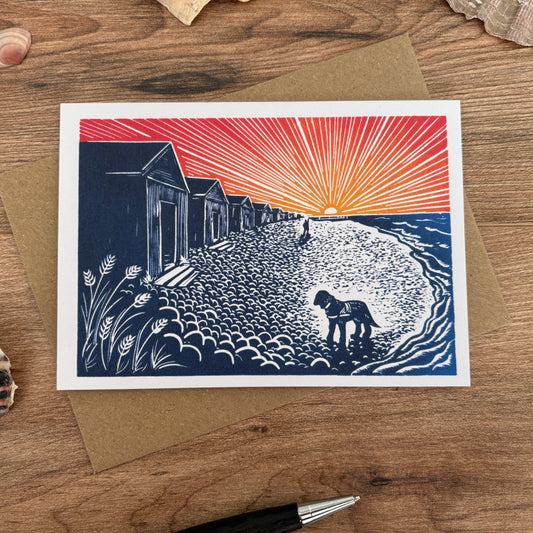 Sunset stroll Whitstable beach greeting card