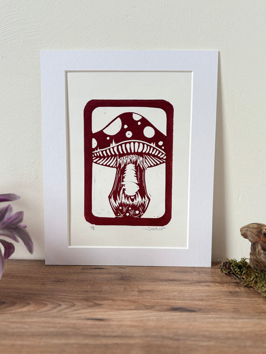 Fungus toadstool hand printed Linocut art print