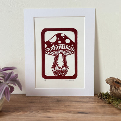 Fungus toadstool hand printed Linocut art print