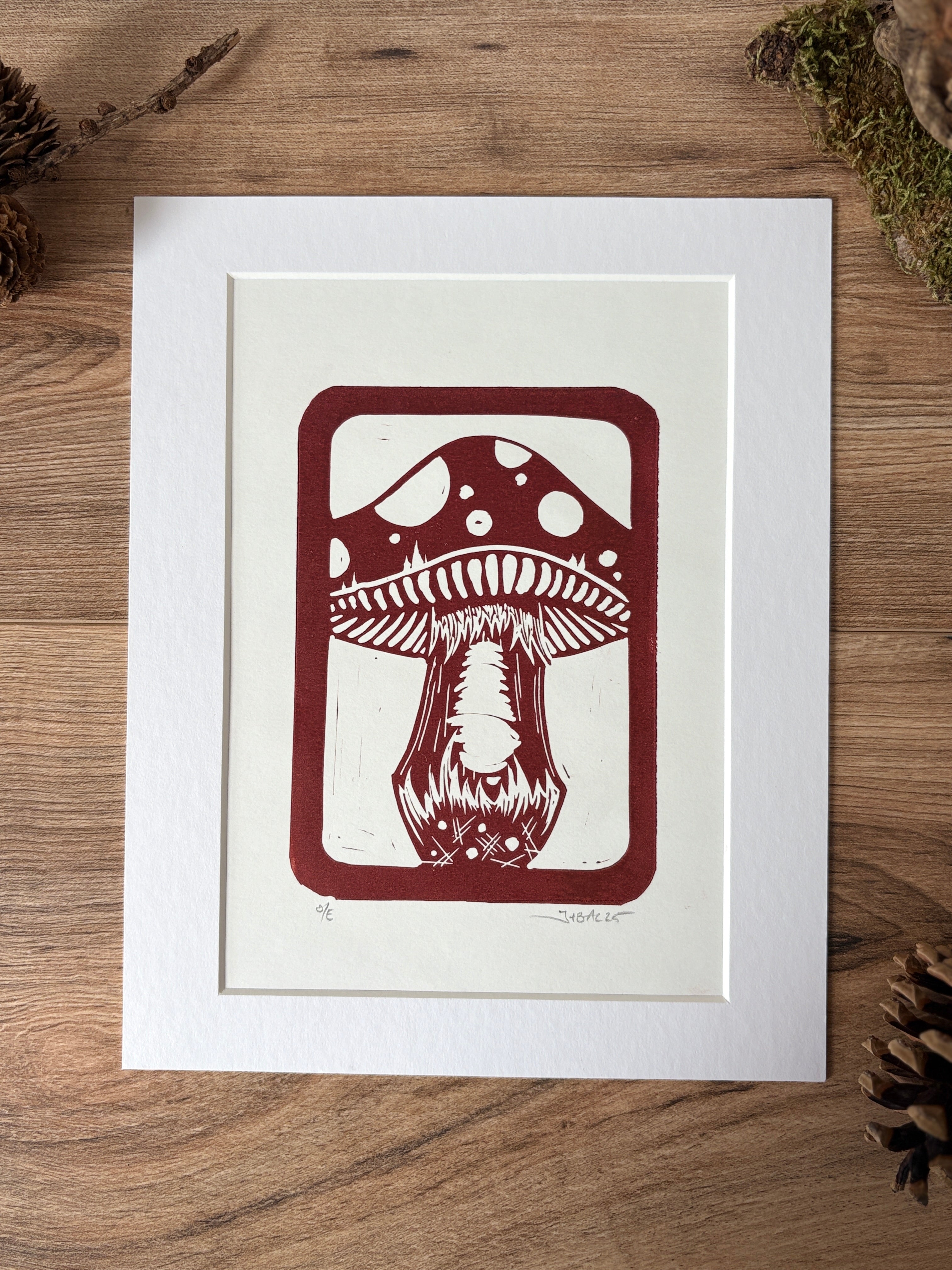 Toadstool linocut in stylised design hand printed Linocut art print ...