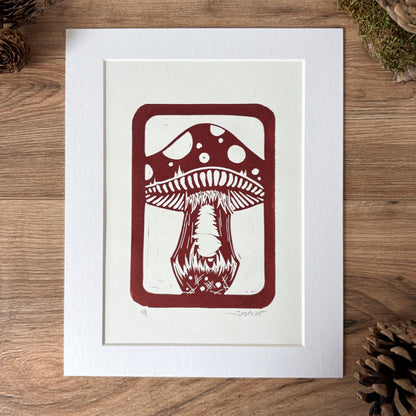 Fungus toadstool hand printed Linocut art print