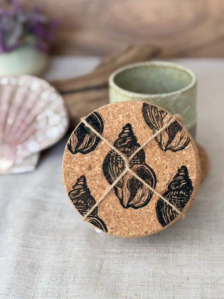 Whelk shell linocut Cork Coasters