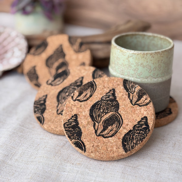 Whelk shell linocut Cork Coasters