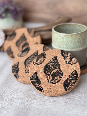 Whelk shell linocut Cork Coasters
