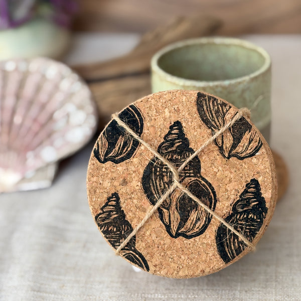 Whelk shell linocut Cork Coasters