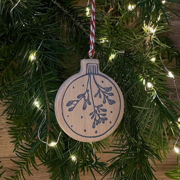 Wooden christmas tree decoration - hand printed Linocut