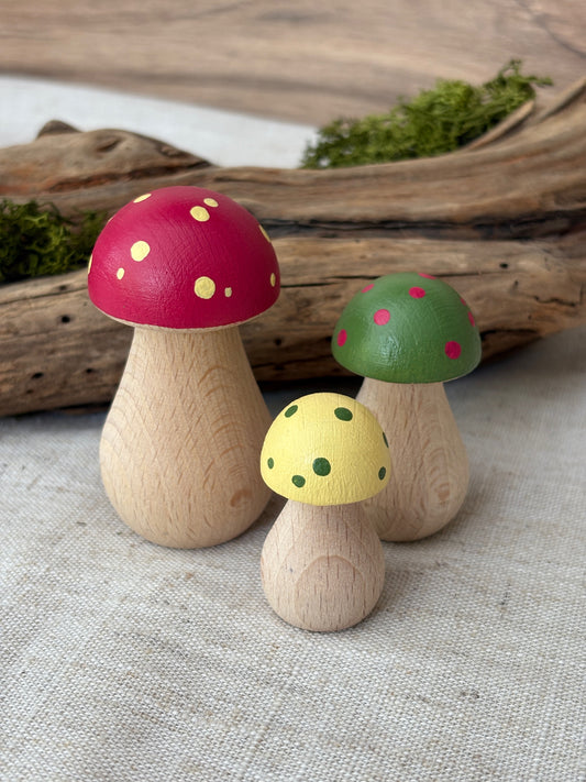 Trio of mini wooden toadstools, fungi ornament decor