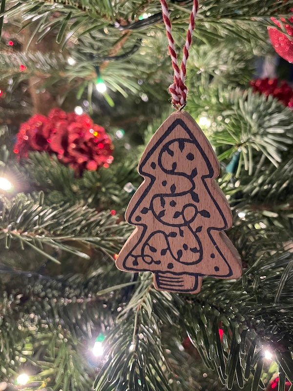 Wooden christmas tree decoration - hand printed Linocut