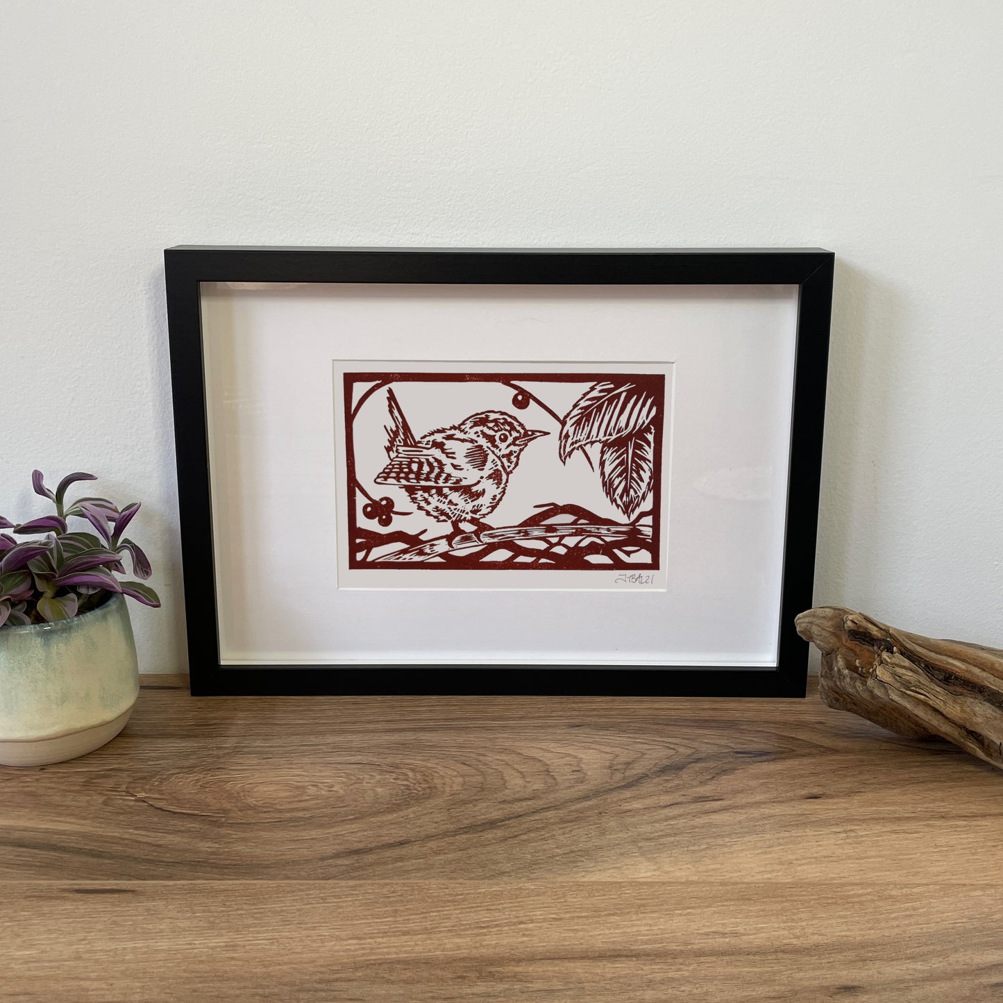 Wren hand printed linocut garden bird art print
