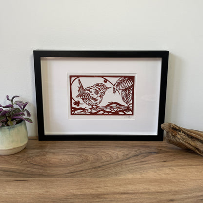 Wren hand printed linocut garden bird art print