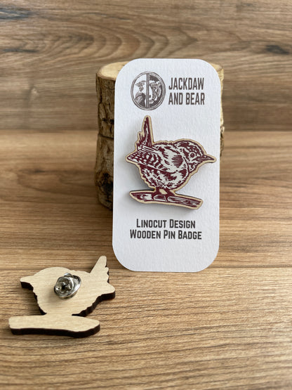 Wren Wooden Pin Badge - animal, bird, nature brooch.