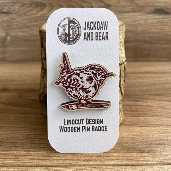 Wren Wooden Pin Badge - animal, bird, nature brooch.