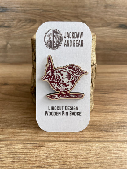 Wren Wooden Pin Badge - animal, bird, nature brooch.