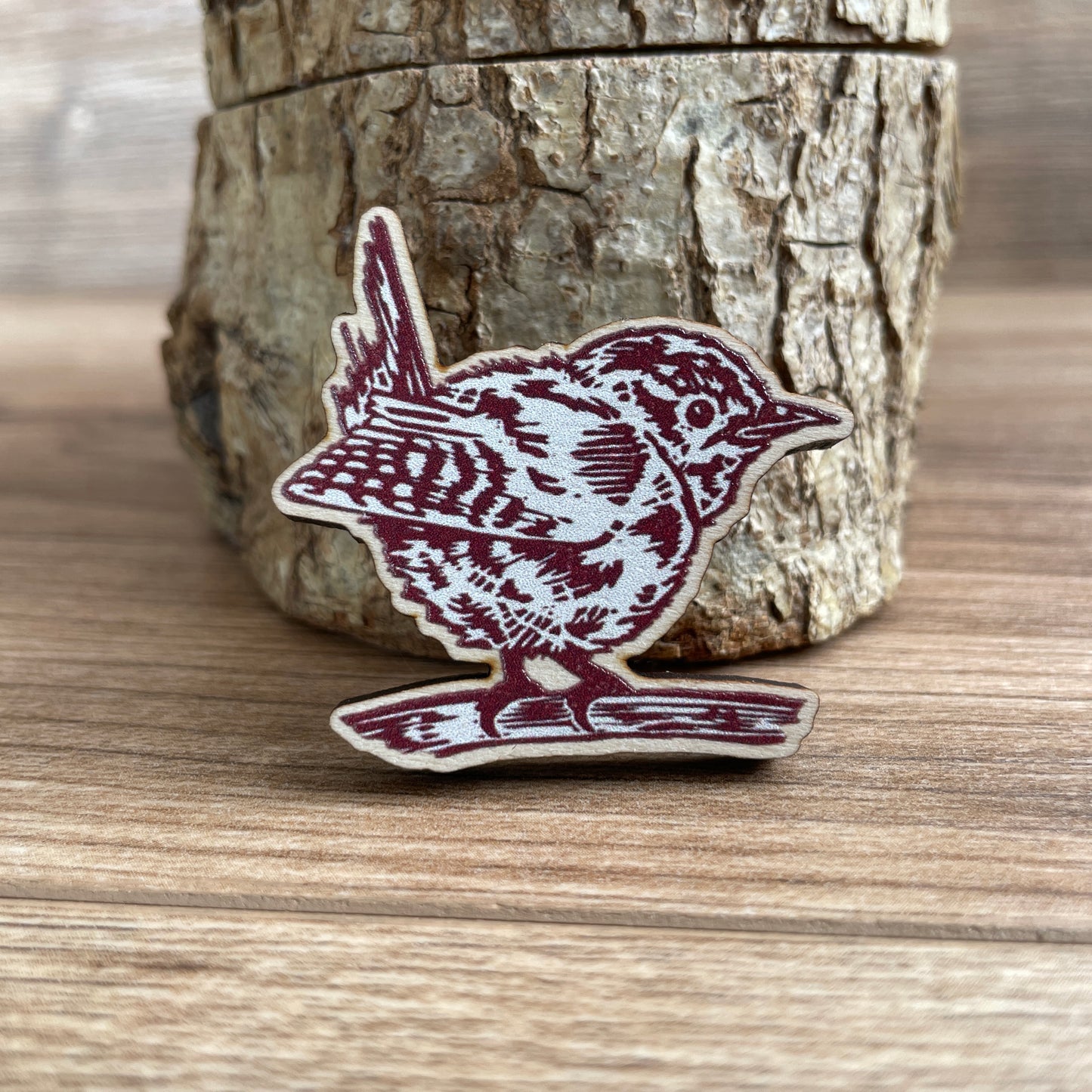 Wren Wooden Pin Badge - animal, bird, nature brooch.