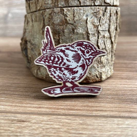 Wren Wooden Pin Badge - animal, bird, nature brooch.
