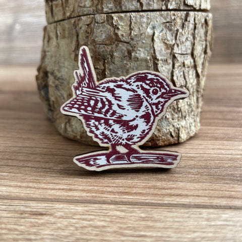 Wren Wooden Pin Badge - animal, bird, nature brooch.