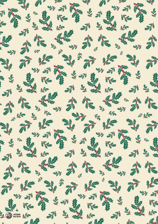 Classic Cream Holly & Berries Wrapping Paper – 50 x 70cm
