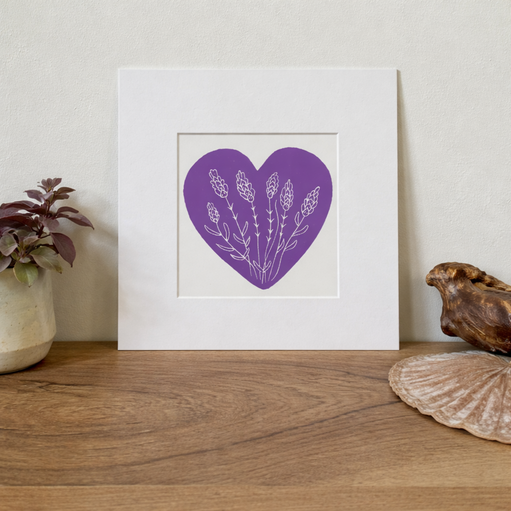 Lavendar heart linocut print