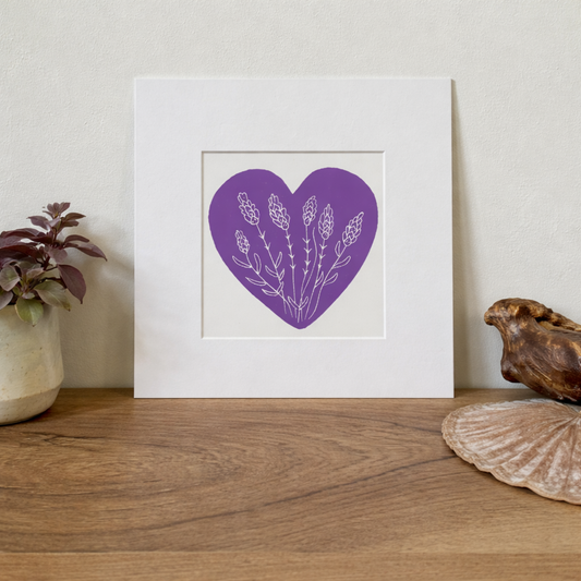 Lavendar heart linocut print