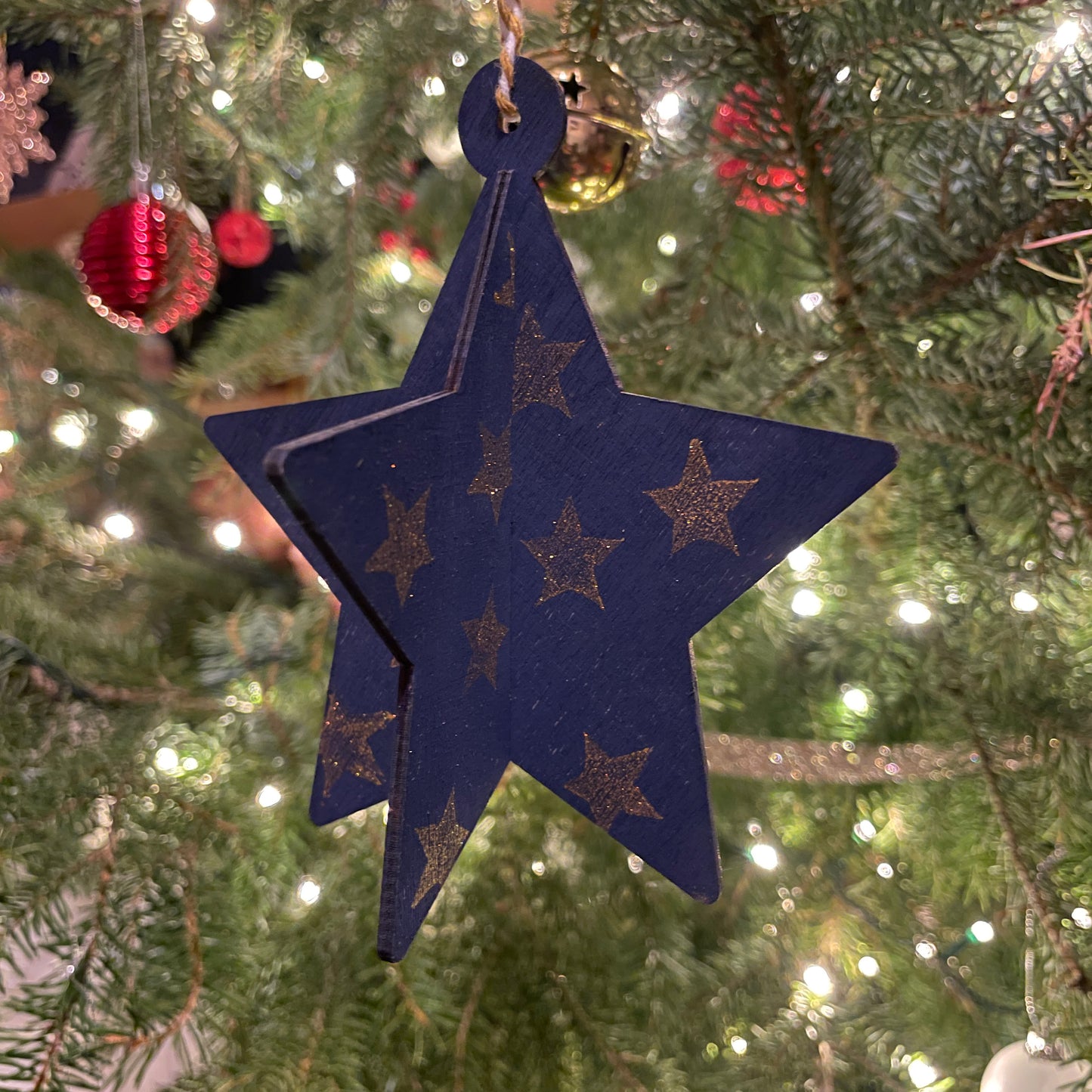 3D bauble hanging christmas decoration - wooden hand printed Linocut