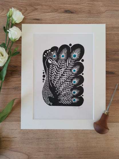 Peacock bird folksy style hand printed linocut nature art print