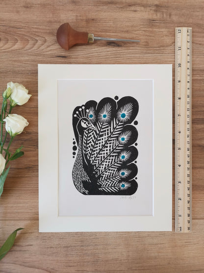 Peacock bird folksy style hand printed linocut nature art print