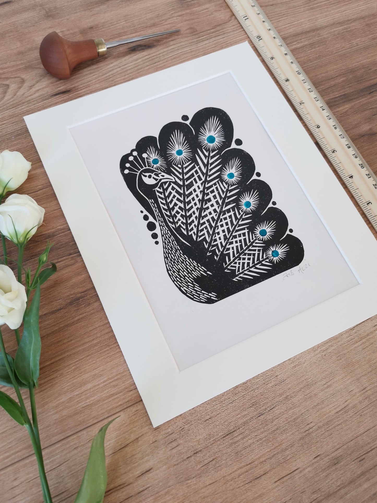Peacock bird folksy style hand printed linocut nature art print