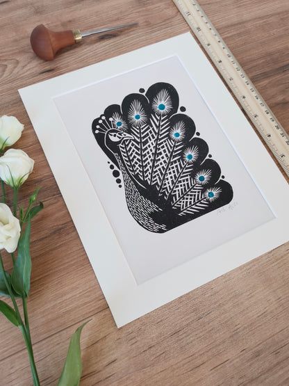 Peacock bird folksy style hand printed linocut nature art print
