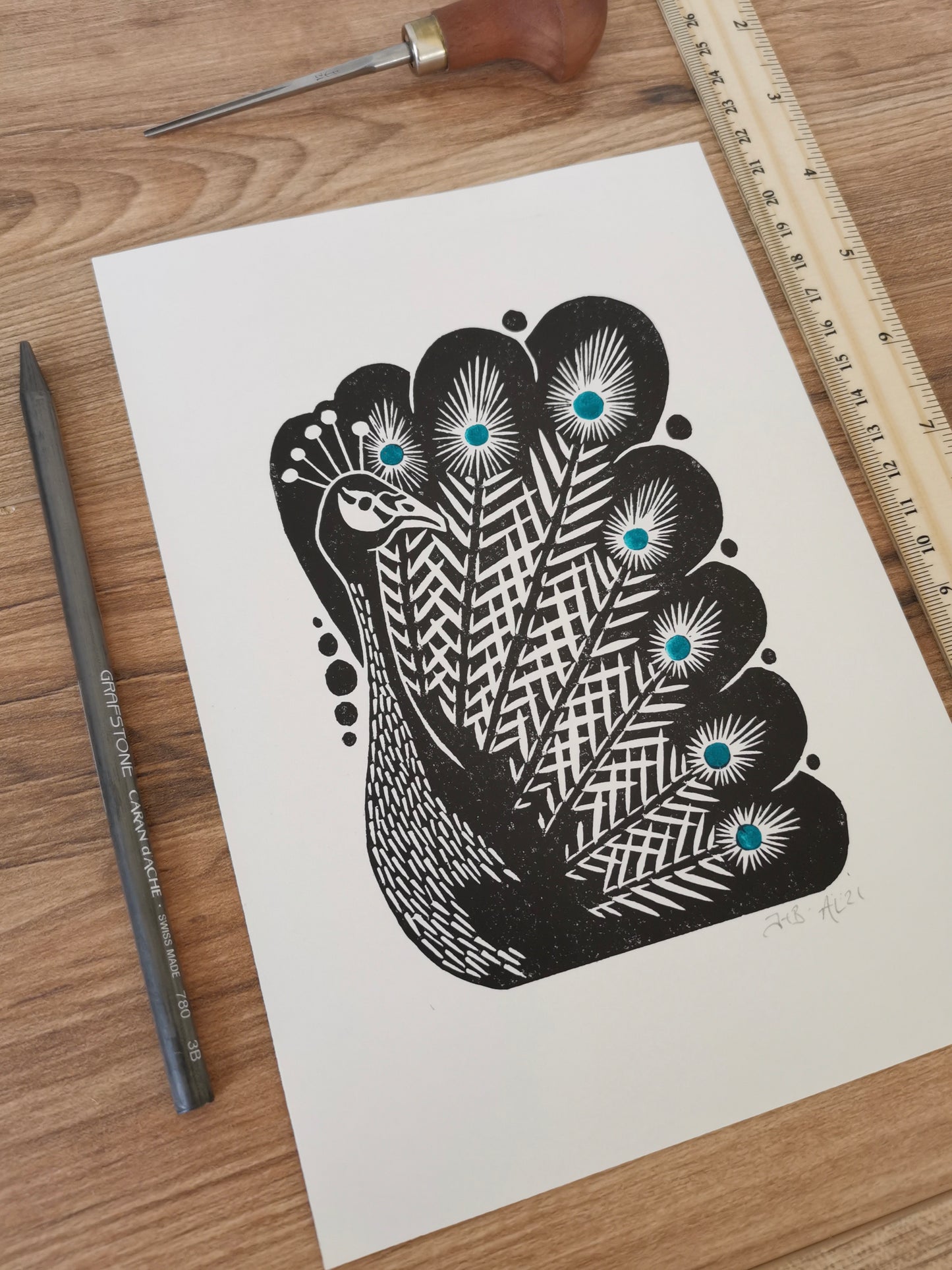 Peacock bird folksy style hand printed linocut nature art print
