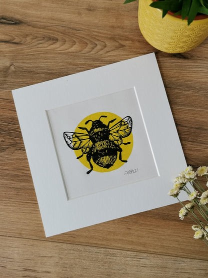 Bumblebee hand printed square Lino art print