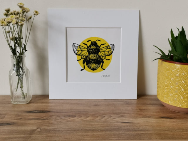 Bumblebee hand printed square Lino art print