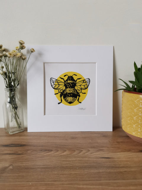 Bumblebee hand printed square Lino art print