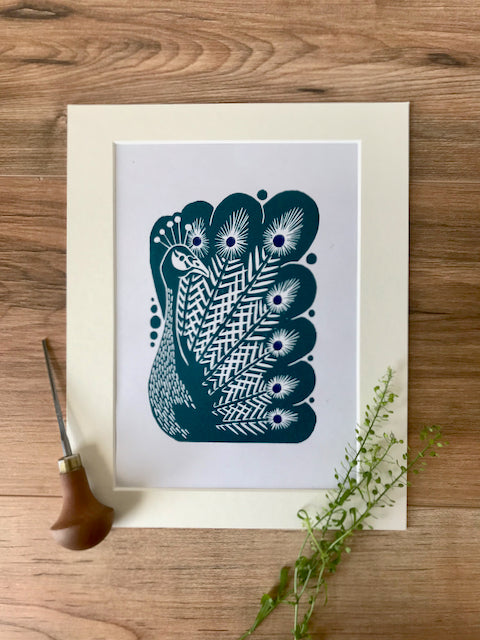 Peacock bird folksy style hand printed linocut nature art print - teal