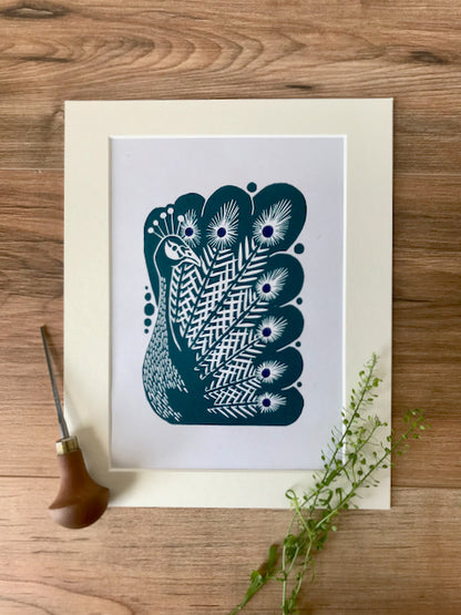 Peacock bird folksy style hand printed linocut nature art print - teal