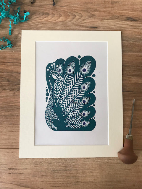 Peacock bird folksy style hand printed linocut nature art print - teal