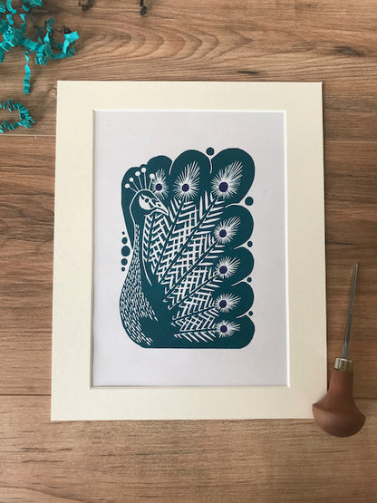 Peacock bird folksy style hand printed linocut nature art print - teal