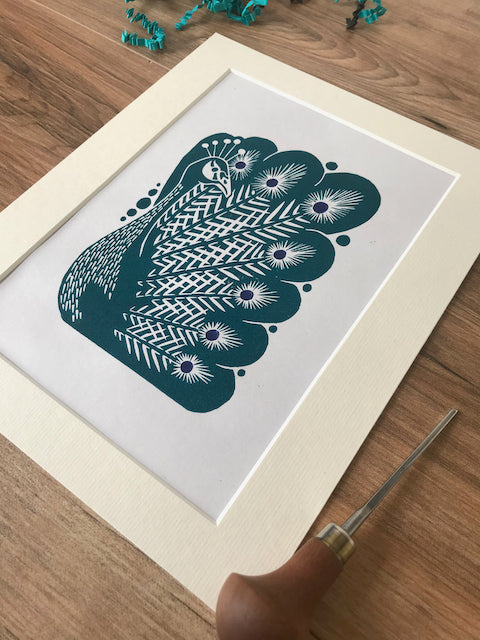Peacock bird folksy style hand printed linocut nature art print - teal