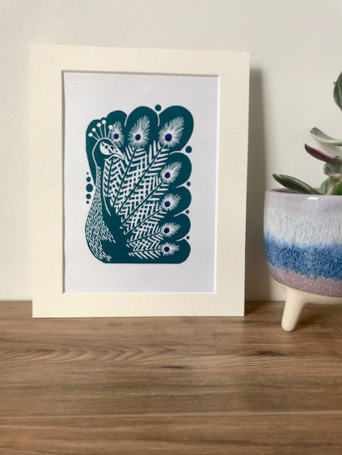 Peacock bird folksy style hand printed linocut nature art print - teal