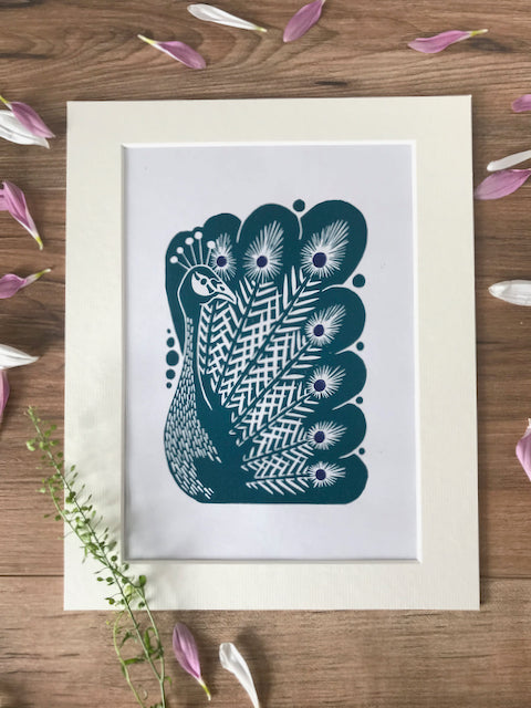 Peacock bird folksy style hand printed linocut nature art print - teal