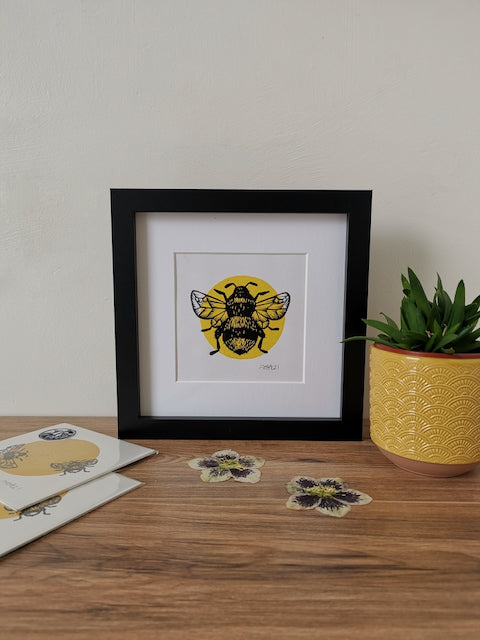 Bumblebee hand printed square Lino art print