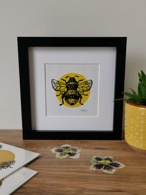 Bumblebee hand printed square Lino art print