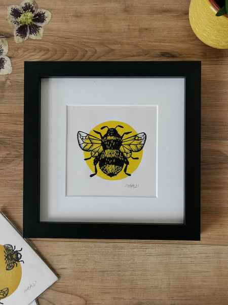 Bumblebee hand printed square Lino art print